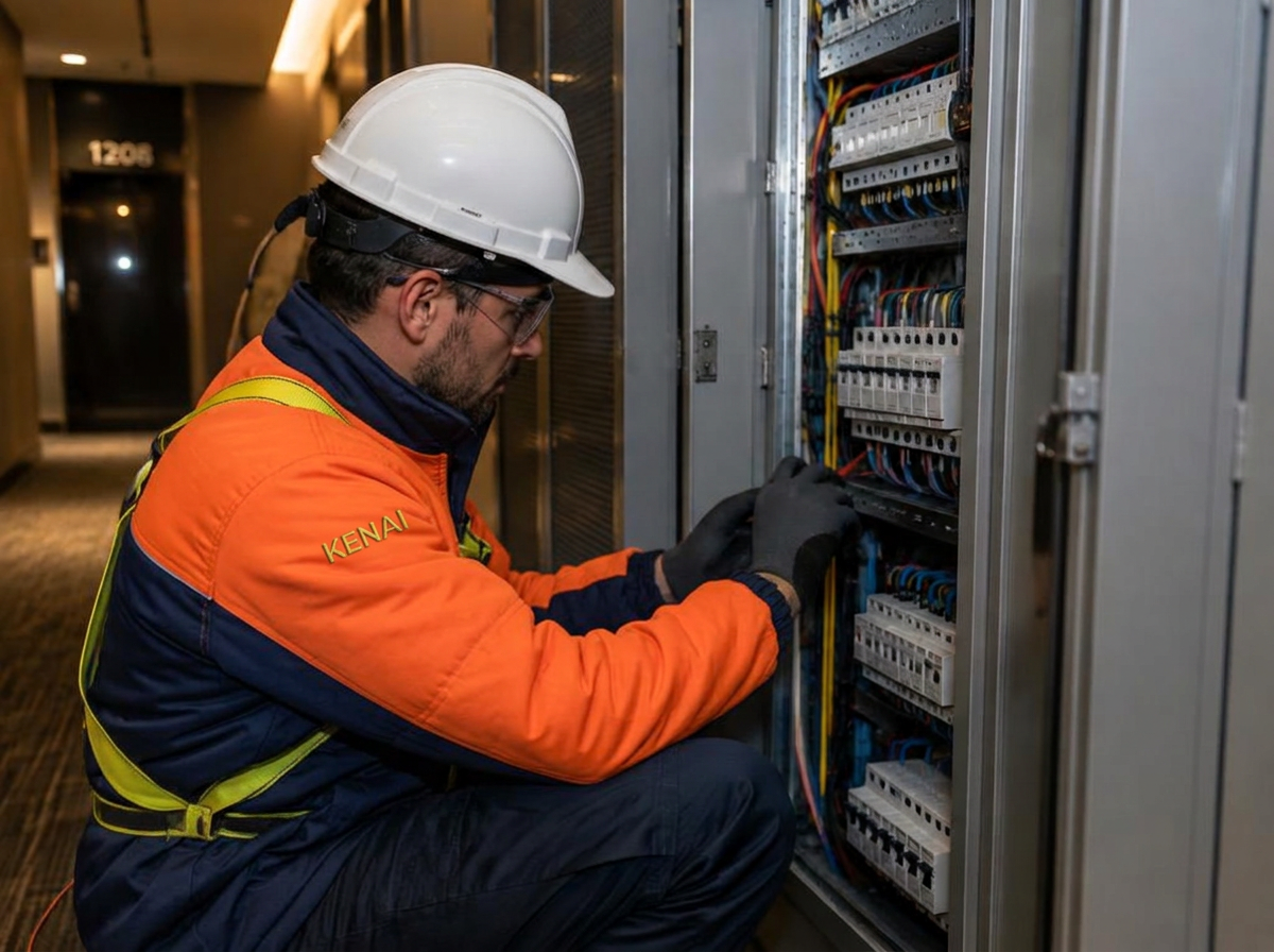 Técnico Kenai realizando manutenção em quadro elétrico