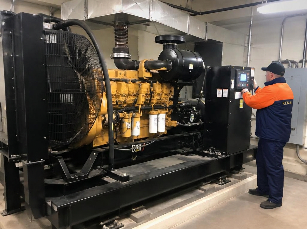 Técnico Kenai inspecionando gerador industrial