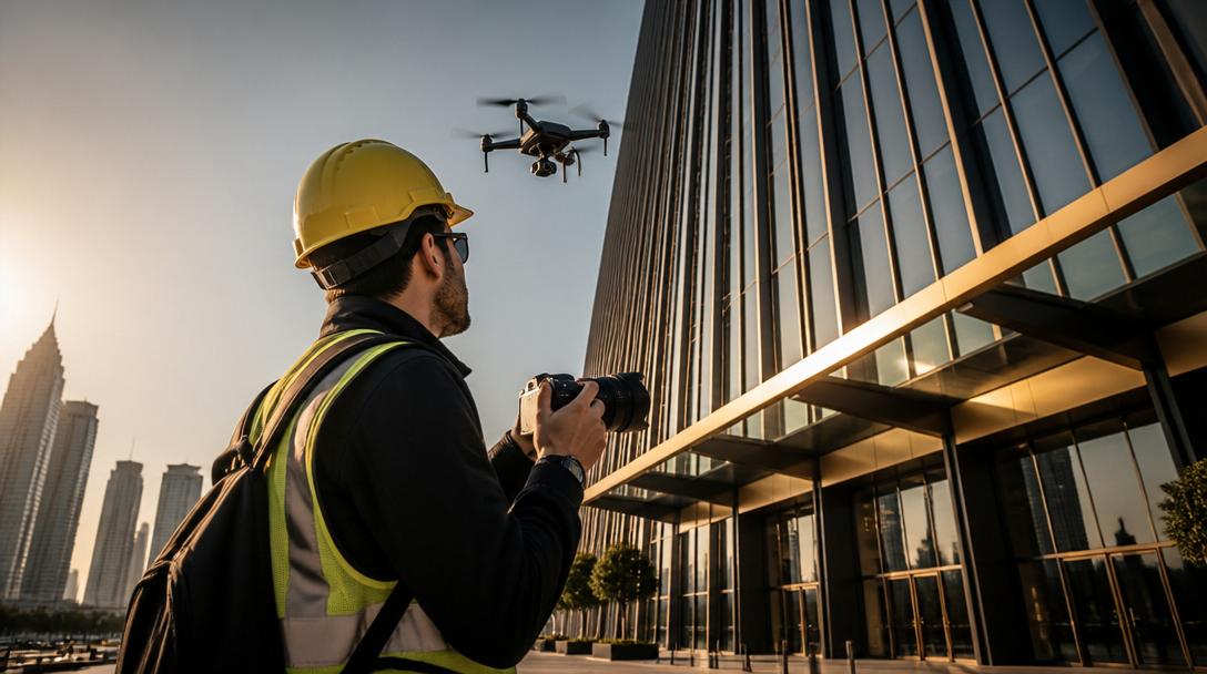 Inspeção predial de fachada com drone e equipamentos técnicos